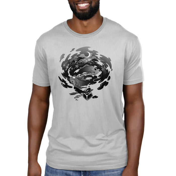 Premium Cotton T-shirt_TeeTurtle Creative Flow silver gray apparel featuring a swirling vortex of ink coming from an inkwell, with sea creatures and dragons swimming in it.