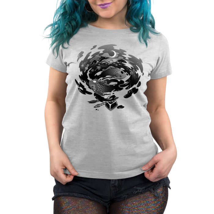 Premium Cotton T-shirt_TeeTurtle Creative Flow silver gray apparel featuring a swirling vortex of ink coming from an inkwell, with sea creatures and dragons swimming in it.