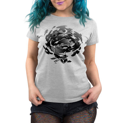 Premium Cotton T-shirt_TeeTurtle Creative Flow silver gray apparel featuring a swirling vortex of ink coming from an inkwell, with sea creatures and dragons swimming in it.