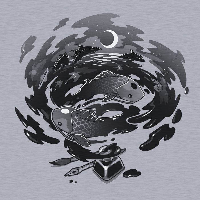 Classic Cotton T-shirt_TeeTurtle Creative Flow heather gray apparel featuring a swirling vortex of ink coming from an inkwell, with sea creatures and dragons swimming in it.