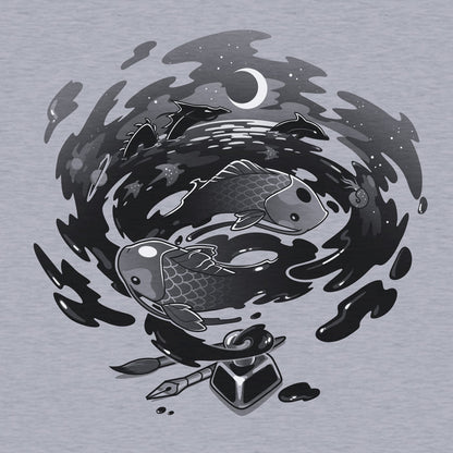 Classic Cotton T-shirt_TeeTurtle Creative Flow heather gray apparel featuring a swirling vortex of ink coming from an inkwell, with sea creatures and dragons swimming in it.