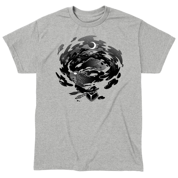 Classic Cotton T-shirt_TeeTurtle Creative Flow heather gray apparel featuring a swirling vortex of ink coming from an inkwell, with sea creatures and dragons swimming in it.