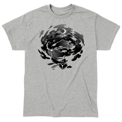 Classic Cotton T-shirt_TeeTurtle Creative Flow heather gray apparel featuring a swirling vortex of ink coming from an inkwell, with sea creatures and dragons swimming in it.