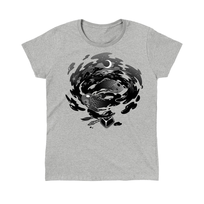 Classic Cotton T-shirt_TeeTurtle Creative Flow heather gray apparel featuring a swirling vortex of ink coming from an inkwell, with sea creatures and dragons swimming in it.