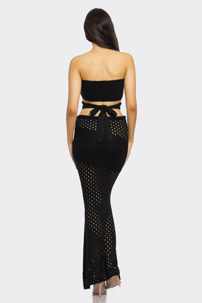 Cutout Knit Top Waist Tie Maxi Skirt Set