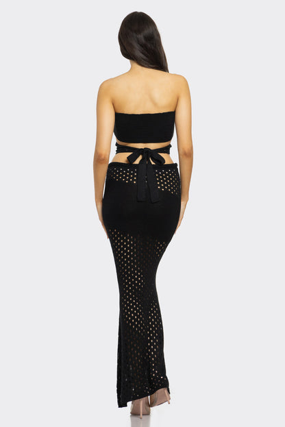 Cutout Knit Top Waist Tie Maxi Skirt Set