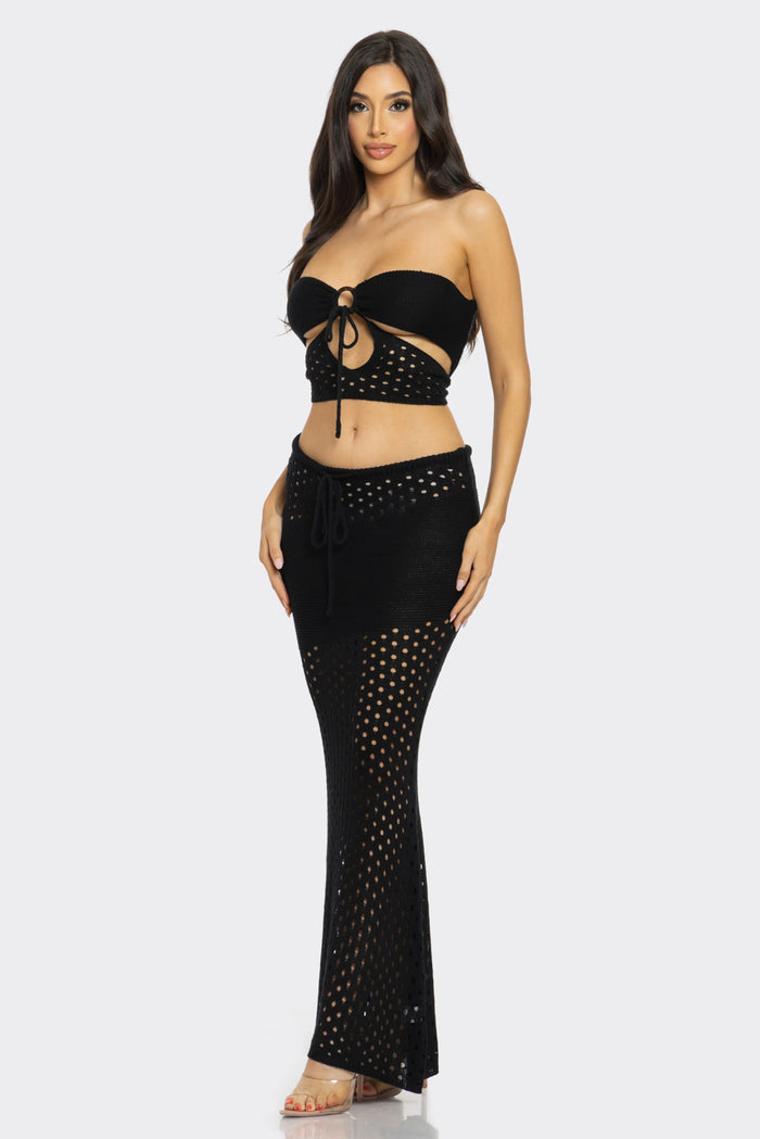 Cutout Knit Top Waist Tie Maxi Skirt Set