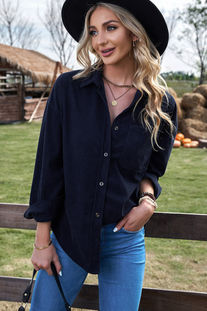 Dark Blue Corduroy Button Pocket Shirt - Tops/Blouses & Shirts