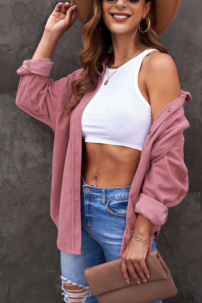 Dark Blue Corduroy Button Pocket Shirt - PINK / S / 100% POLYESTER - Tops/Blouses & Shirts
