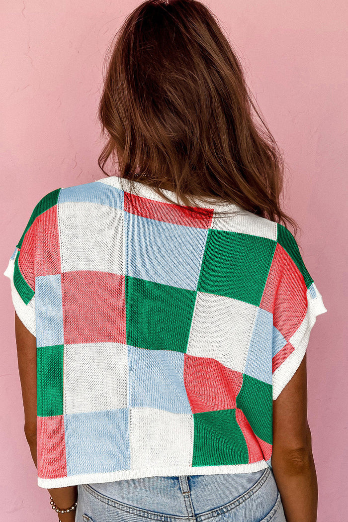 Dark Green Colour Block Cap Sleeve Sweater - Sweaters & Cardigans/Short
