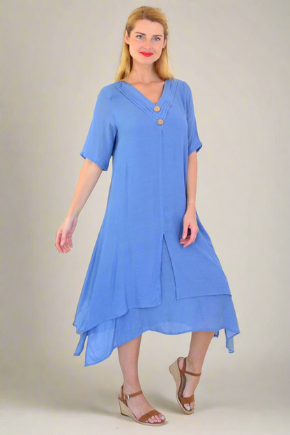 Blue denim summer tunic dress by La Mode, featuring a relaxed fit and casual style, displayed on a mannequin.