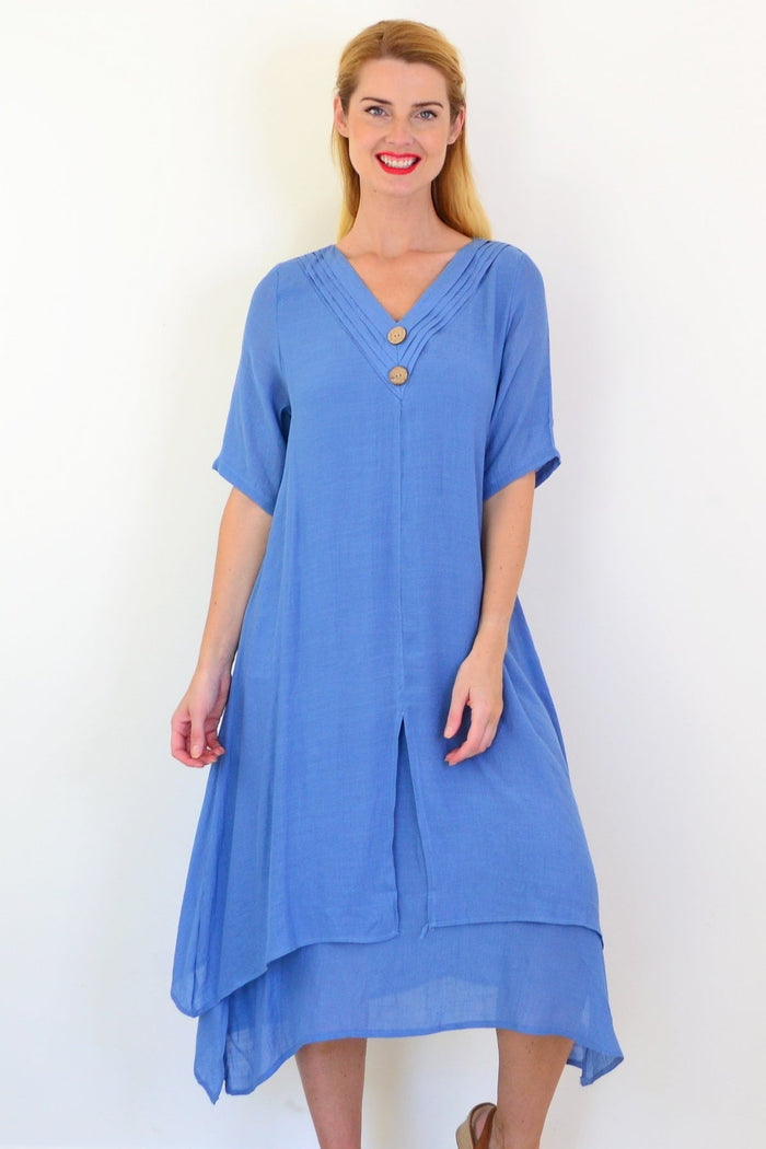 Blue denim summer tunic dress by La Mode, featuring a relaxed fit and casual style, displayed on a hanger.