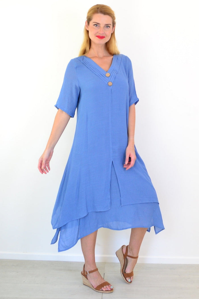 Blue denim summer tunic dress by La Mode, featuring a relaxed fit with short sleeves and a casual, stylish design.