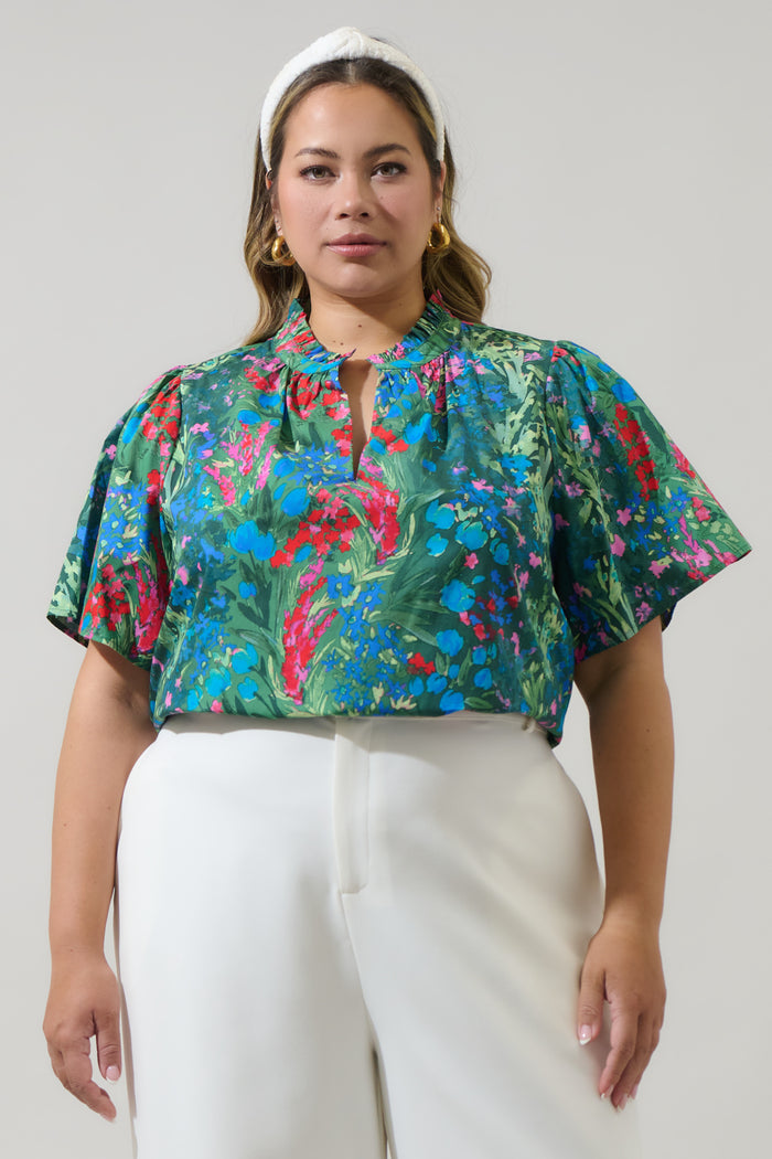 Devin Floral Reva Split Neck Top Curve