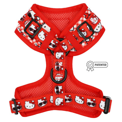 The Sassy Woof Dog Adjustable Harness - Hello Kitty® Red Classic features custom printed neoprene, themed patterns, adjustable straps, secure buckles, a “PATENTED” badge, and supports the Puppy Growth Pawtection Plan.
