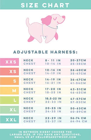 Size chart for Sassy Woof’s Dog Adjustable Harness - Peanuts™ Road Tripping with pink dog illustration. Lists neck/chest (in, cm) for XXS–XXL. Includes Puppy Growth Pawtection Plan. Contact us with any questions!.
