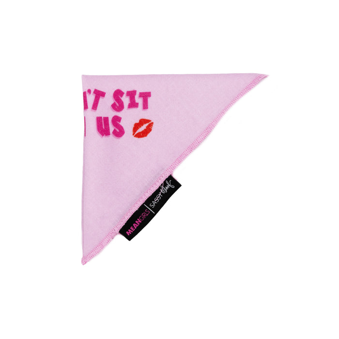 The Sassy Woof Dog Bandana - Mean Girls™ You Can't Sit With Us features a light pink, triangular fabric with pink and red text, a red lipstick mark, and two black tags. Photographed on a white background.