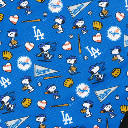 The Sassy Woof Dog Bandana - MLB™ x Peanuts™ Los Angeles Dodgers™ features Snoopy in Dodgers poses, team logos, and baseball icons—perfect as a fun accessory or cooling mesh pet bandana for your pup!.