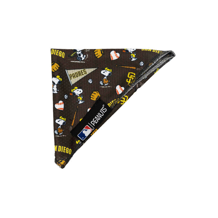 The Sassy Woof Dog Bandana - MLB™ x Peanuts™ San Diego Padres™ features team branding, playful Snoopy baseball designs, an MLB logo tag, and a Peanuts label—perfect for Padres fans wanting a fun cooling bandana for their pet.