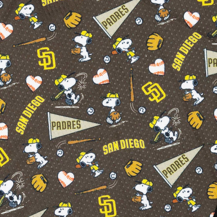 Sassy Woof’s Dog Bandana - MLB™ x Peanuts™ San Diego Padres™ features Snoopy, baseball icons, and team logos on brown fabric—perfect for a stylish or cooling bandana for your pup.