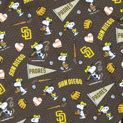 Sassy Woof’s Dog Bandana - MLB™ x Peanuts™ San Diego Padres™ features Snoopy, baseball icons, and team logos on brown fabric—perfect for a stylish or cooling bandana for your pup.