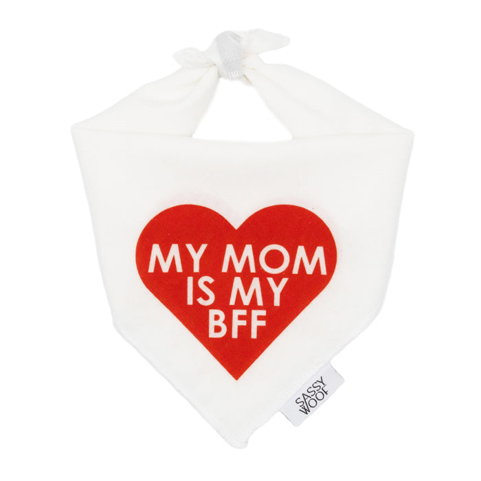 The Sassy Woof Dog Bandana - My Mom is my BFF (RED) is a lightweight cotton bandana with a red heart and "MY MOM IS MY BFF" in white, plus a small Sassy Woof tag on the bottom right.