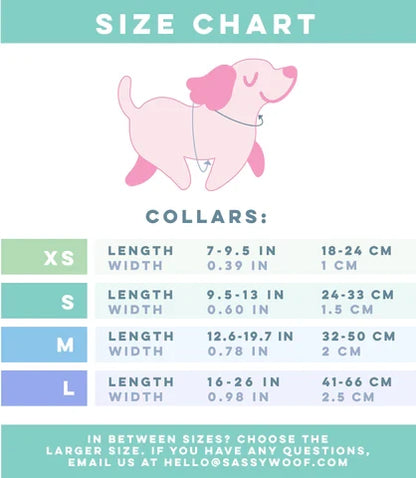 Size chart for Sassy Woof’s Dog Collar – MLB™ x Peanuts™ Atlanta Braves™, with a pink cartoon dog above XS, S, M, and L collar sizes. Measurements given in inches/cm. Contact details available for sizing questions.