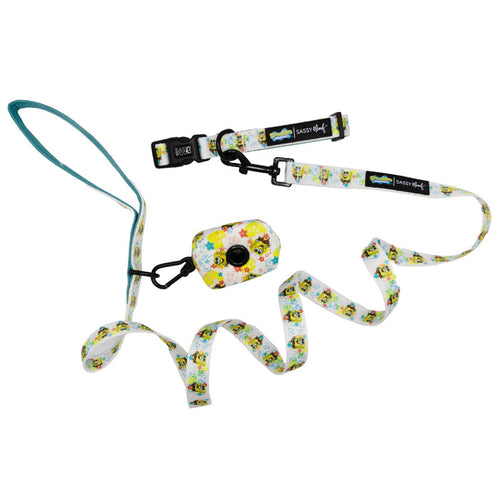 Bring some Bikini Bottom fun to every walk with the Sassy Woof Dog Collar Three Piece Bundle - SpongeBob SquarePants™! This set features a colorful collar, leash with a teal handle, and waste bag holder—all adorned with playful cartoon prints on a crisp white background. The convenient bag holder attaches via a sturdy black clip, making it the perfect accessory set for any fan of SpongeBob pet gear.