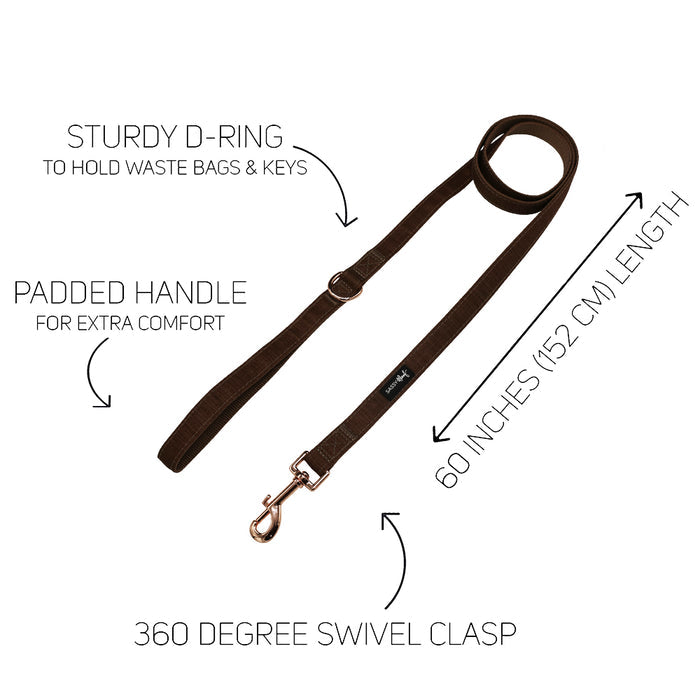 Part of the Sassy Woof Dog Collar Three Piece Bundle – Teddy, this brown dog leash features a sturdy D-ring for waste bags and keys, a padded handle for comfort, a 60-inch (152 cm) length, and a 360-degree swivel clasp at the end—perfectly complementing your favorite collar from the Teddy Collection.