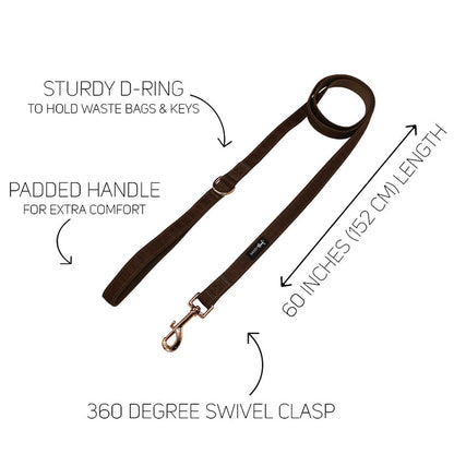 Part of the Sassy Woof Dog Collar Three Piece Bundle – Teddy, this brown dog leash features a sturdy D-ring for waste bags and keys, a padded handle for comfort, a 60-inch (152 cm) length, and a 360-degree swivel clasp at the end—perfectly complementing your favorite collar from the Teddy Collection.
