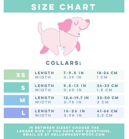 Size chart for the Sassy Woof Dog Collar Three Piece Bundle - Twilight, labeled XS to L, displaying collar lengths, widths, and neck measurements in both inches and centimeters. A pink cartoon dog sits above the chart. Matching dog leash options are available. Contact information is provided at the bottom.