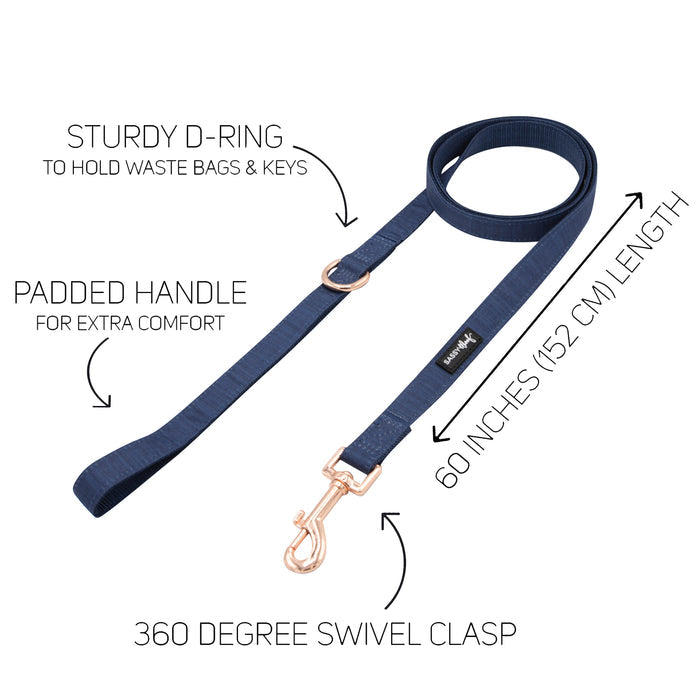Navy blue dog leash from Sassy Woof’s Dog Collar Three Piece Bundle - Twilight, featuring a padded handle, sturdy D-ring for bags or keys, 360-degree swivel clasp, and labeled as 60 inches (152 cm) in length—perfectly pairs with your favorite dog collar.