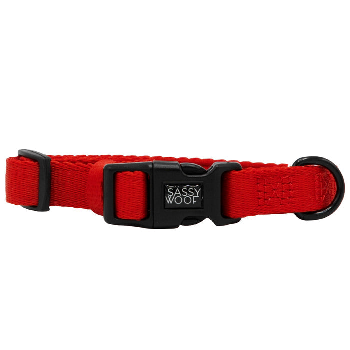 The Sassy Woof Dog Four Piece Bundle in Neon Red includes an adjustable harness and collar with black hardware, perfect to pair with the Puppy Growth Pawtection Plan.