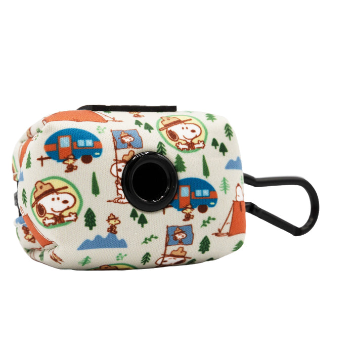 The Sassy Woof Dog Four Piece Bundle - Peanuts™ Beagle Scouts includes a fabric pouch with camping-themed Snoopy designs, a black dispenser opening, and clip—ideal for pairing with your favorite Snoopy pet accessories.