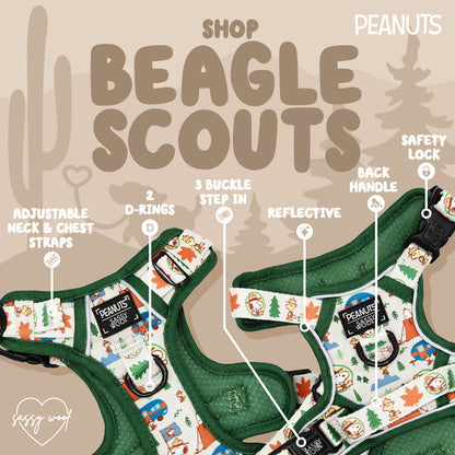 Sassy Woof’s Dog Four Piece Bundle – Peanuts™ Beagle Scouts features harnesses with adjustable neck/chest straps, 2 D-rings, step-in 3 buckles, reflective accents, a back handle, and safety lock—all with cute Peanuts character designs.