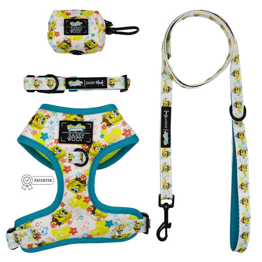 The Sassy Woof Dog Four Piece Bundle - SpongeBob SquarePants™ Bikini Bottom includes a colorful harness, leash, collar, and waste bag holder with teal trim and black clips, shown against a white background.