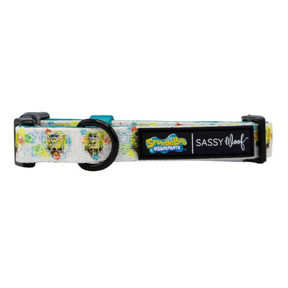 The Dog Four Piece Bundle - SpongeBob SquarePants™ Bikini Bottom by Sassy Woof includes a white collar with a SpongeBob pattern, black buckle, blue and yellow SpongeBob logo, and white Sassy Woof script—great with other SpongeBob dog accessories.