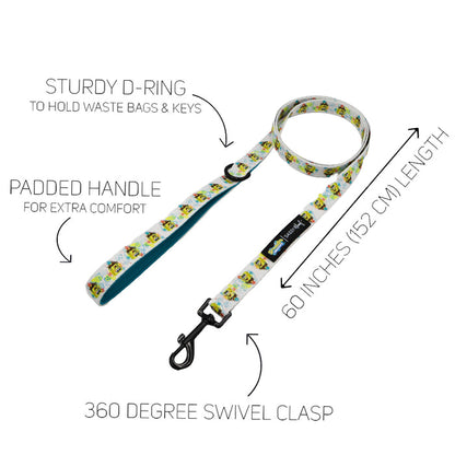 The Sassy Woof Dog Four Piece Bundle - SpongeBob SquarePants™ Bikini Bottom features a colorful leash with padded handle, sturdy D-ring, 360° swivel clasp, and 60-inch (152 cm) length. Labels highlight key features for convenience.