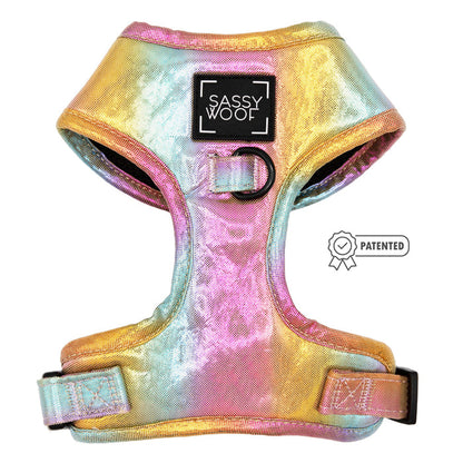 The Sassy Woof Dog Four Piece Bundle - The Night Life features a metallic rainbow disco dog harness with an iridescent finish, “Sassy Woof” logo, adjustable straps, D-ring for leash, patented icon, and stylish functionality.