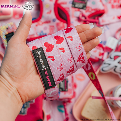 A hand holds the Dog Leash - Mean Girls™ by Sassy Woof, featuring pink hearts and lips designs. Black labels show MEAN GIRLS and SASSY WOOF. Matching pink, heart-themed dog accessories appear blurred in the background.