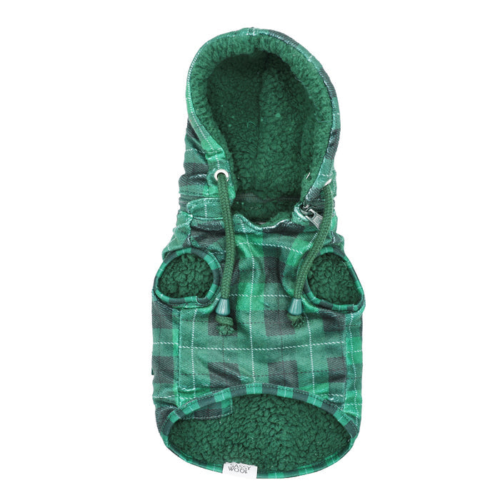 The Sassy Woof Dog Reversible Sherpa Jacket - Barks of Holly, featuring green and black plaid with a hood, armholes, and soft fleece lining, is shown flat on a white background.