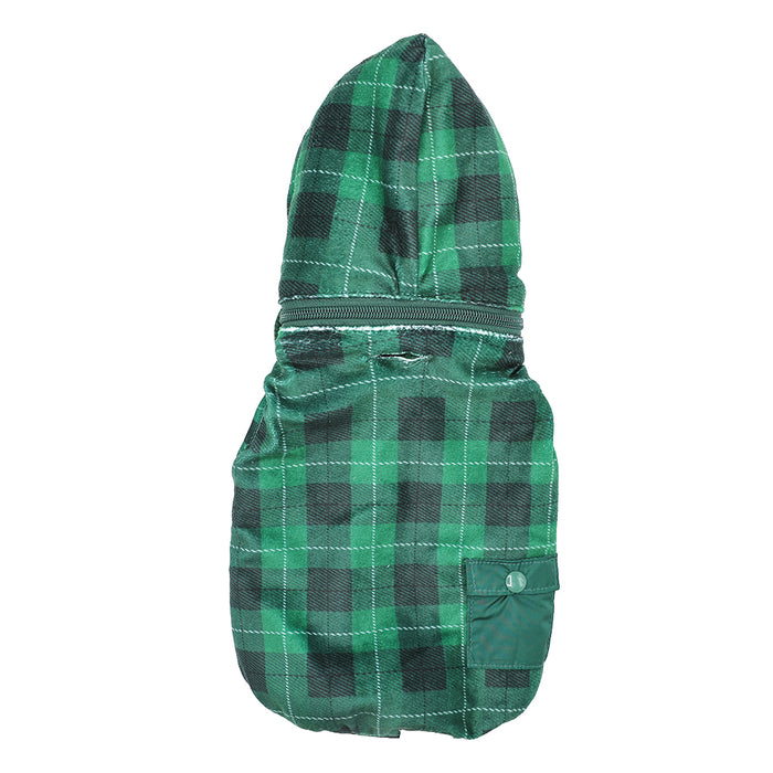The Sassy Woof Dog Reversible Sherpa Jacket - Barks of Holly features a green and black plaid design, hood, back zipper, and a side pocket with button. The jacket is shown laid flat facing up.