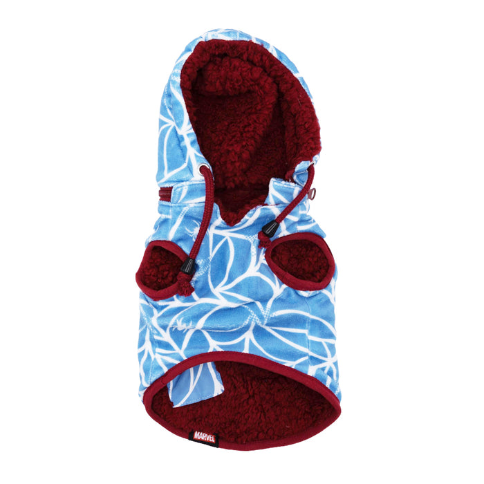 Dress your pup in the Sassy Woof Dog Reversible Sherpa Jacket – Marvel’s Spider-Man, featuring blue and white patterns, maroon trim and fleece lining, two armholes, a hood with drawstrings, and a Marvel logo tag for heroic style.