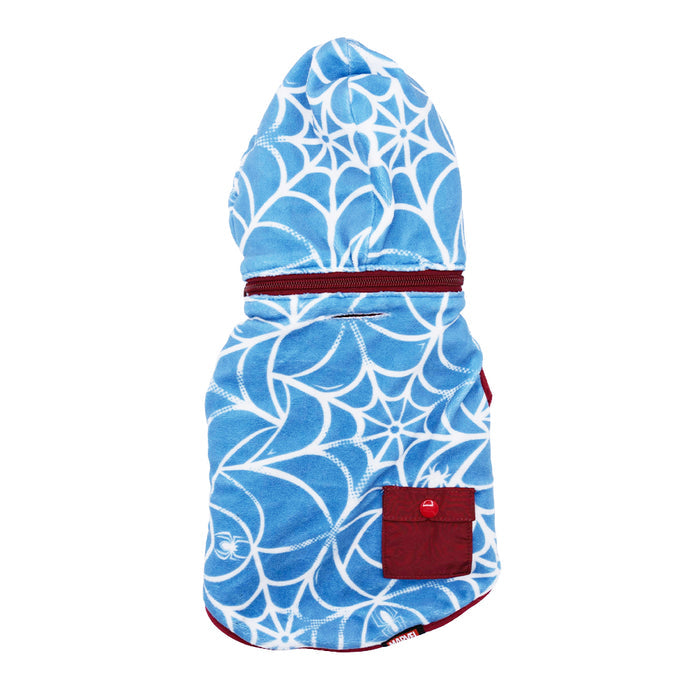 The Sassy Woof Dog Reversible Sherpa Jacket - Marvel’s Spider-Man is a cozy blue hoodie with a white spiderweb pattern, hood, back zipper, and red pocket—perfect for turning your pup into a furry superhero.