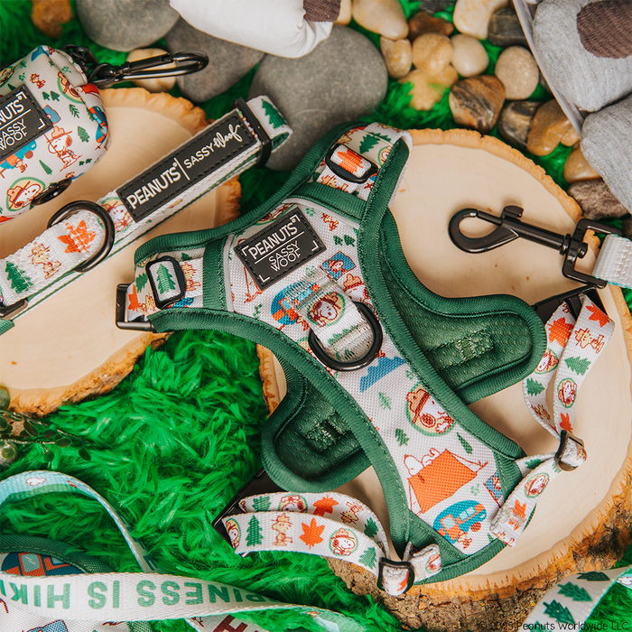 The Sassy Woof Dog Step-in Harness - Peanuts™ Beagle Scouts, featuring green and white cartoon designs, is shown on wooden slices with grass, stones, and plush toys.