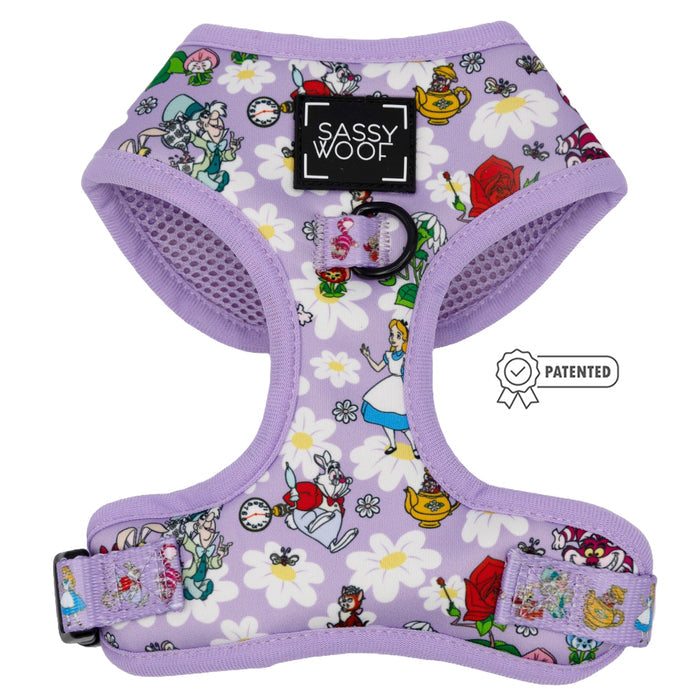 The Sassy Woof Dog Two Piece Bundle - Alice in Wonderland (Purple) features cartoon characters, daisies, an adjustable fit, Sassy Woof label on the front, and a Patented badge for stylish comfort.