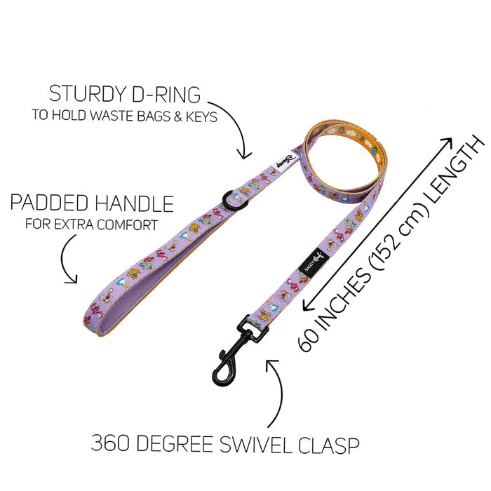 The Sassy Woof Dog Two Piece Bundle - Alice in Wonderland (Purple) includes a leash with instructions, designed to pair perfectly with any adjustable dog harness from Sassy Woof.