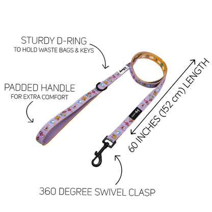 The Sassy Woof Dog Two Piece Bundle - Alice in Wonderland (Purple) includes a leash with instructions, designed to pair perfectly with any adjustable dog harness from Sassy Woof.