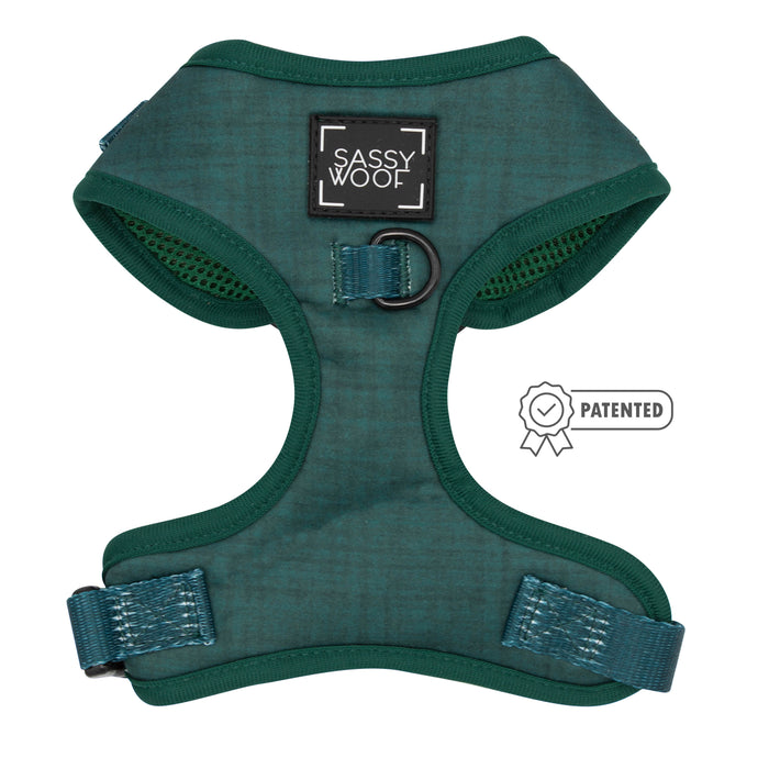 The Sassy Woof Dog Two Piece Bundle - Forest features a teal adjustable harness with a black label, metal D-ring, and straps for the perfect fit. Patented badge icon. Ideal for leash training or puppy growth pawtection plan.