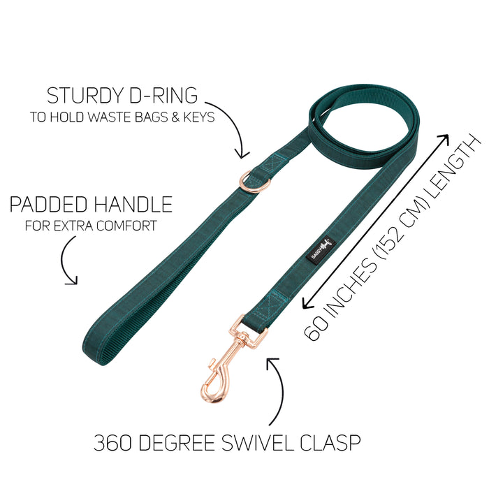 The Sassy Woof Dog Two Piece Bundle - Forest features a green leash with a sturdy D-ring for bags or keys, padded handle, adjustable harness compatibility, 60-inch (152 cm) length, and a 360° swivel clasp.